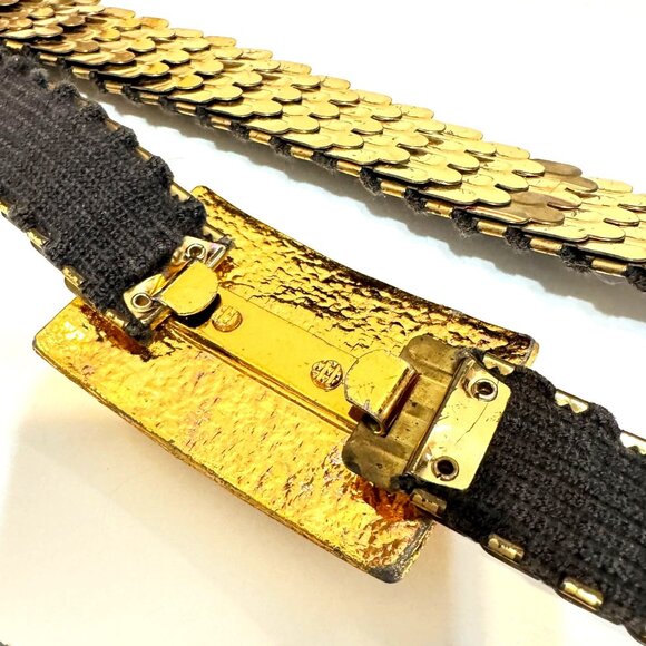 Gold-Tone Vtg  Mermaid Scale Stretch Belt Faux Green Gem Buckle 29" Adjustable - Picture 4 of 8